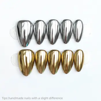 10pcs Handmade Gold Silver Metal Press on Nails Almond Wearable Reusable Fashion False Nails 2026 1