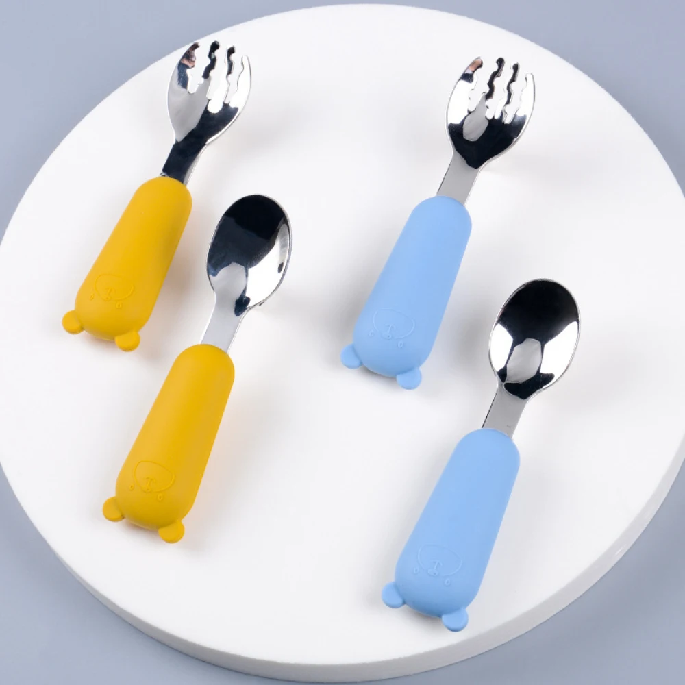 Stainless Steel Cutlery Fork Spoon Set Cartoon Silicone Non-slip Baby Food Feeding Tableware Multi-purpose Durable Sztućce Set