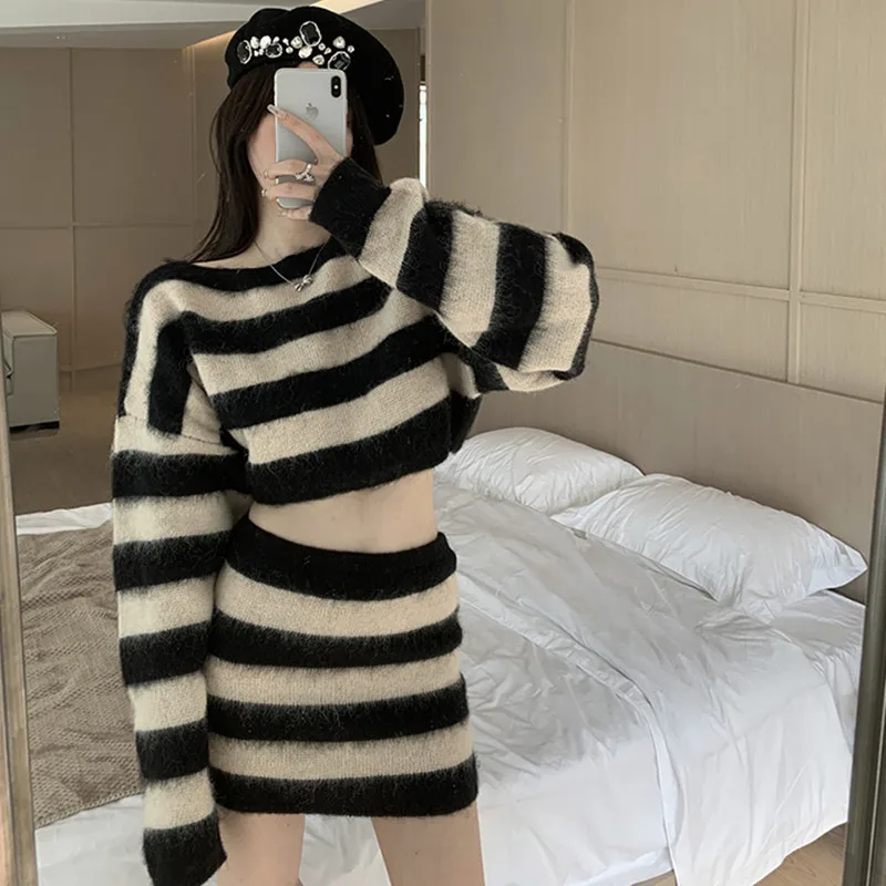 Autumn Striped Two-piece Skirt Set Women Long Sleeve Cropped Off Shoulder Top Bodycon Mini Skirt Korean Fashion Suits New