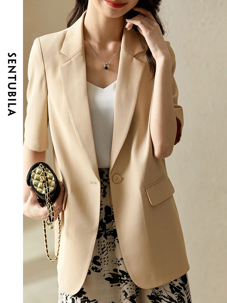 SENTUBILA Comfort Loose Short Sleeve Khaki Blazer 2024 Summer Simple Casual Notched Single Button Suit Jacket Ladies 131X49175X