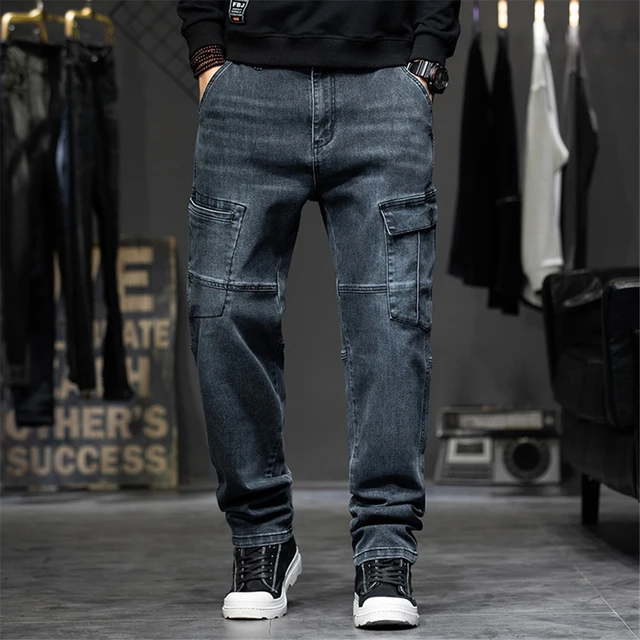 Bol kot erkek artı beden 40 44 kot pantolon moda cepler kargo kot pantolon  Streetwear gevşek pantolon erkek büyük boy dipleri - AliExpress