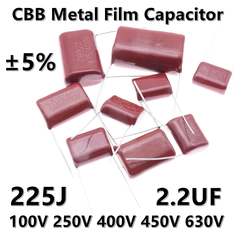 

(10 шт.) CL21X CBB22 металлический пленочный конденсатор 2,2 UF 225J 63V 250V 400V 630V Шаг 7,5 мм/15 мм/20 мм/25 мм ± 5%