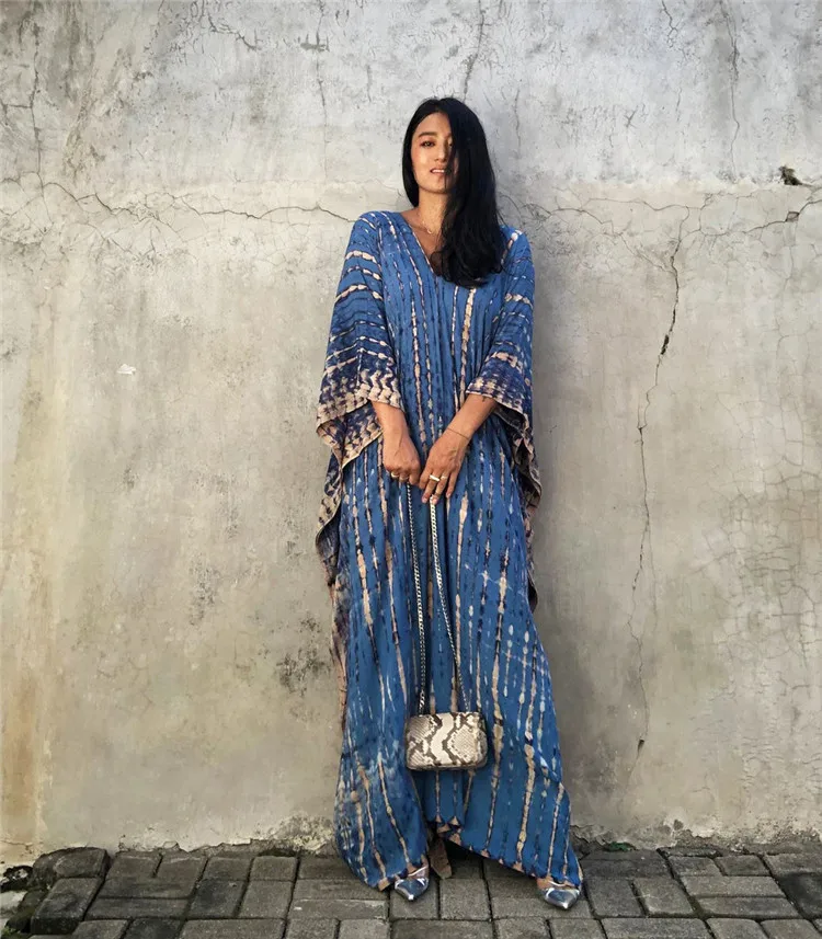 2023Summer Bohemian Striped Print Women Beach Dress Bathing Suit Cover Up Summer Tunic for Woman Beachwear Robe De Plage Kaftan