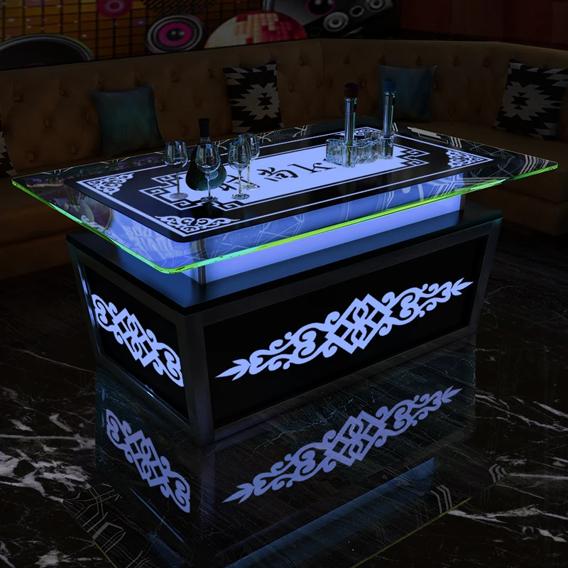 

Customized KTV luminous coffee table, high-end clubhouse, modern bar, table, colorful LED lights, tea table tempered glass