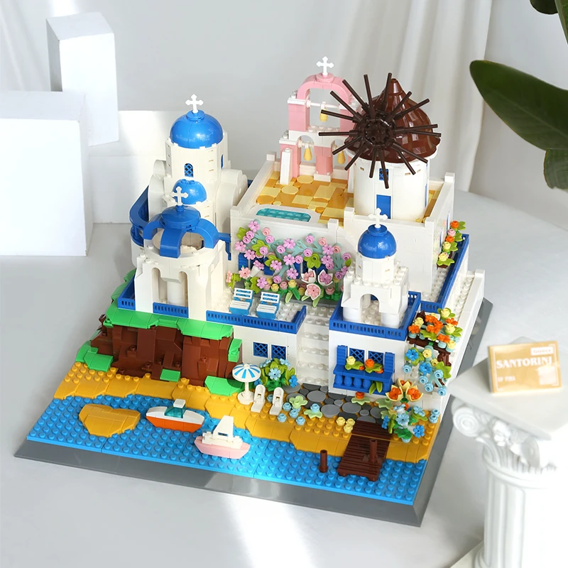 

City Street View Santorini Island Model Building Blocks Greek Architecture Aegean Sea Thera Large House Bricks Toys Kids Gifts