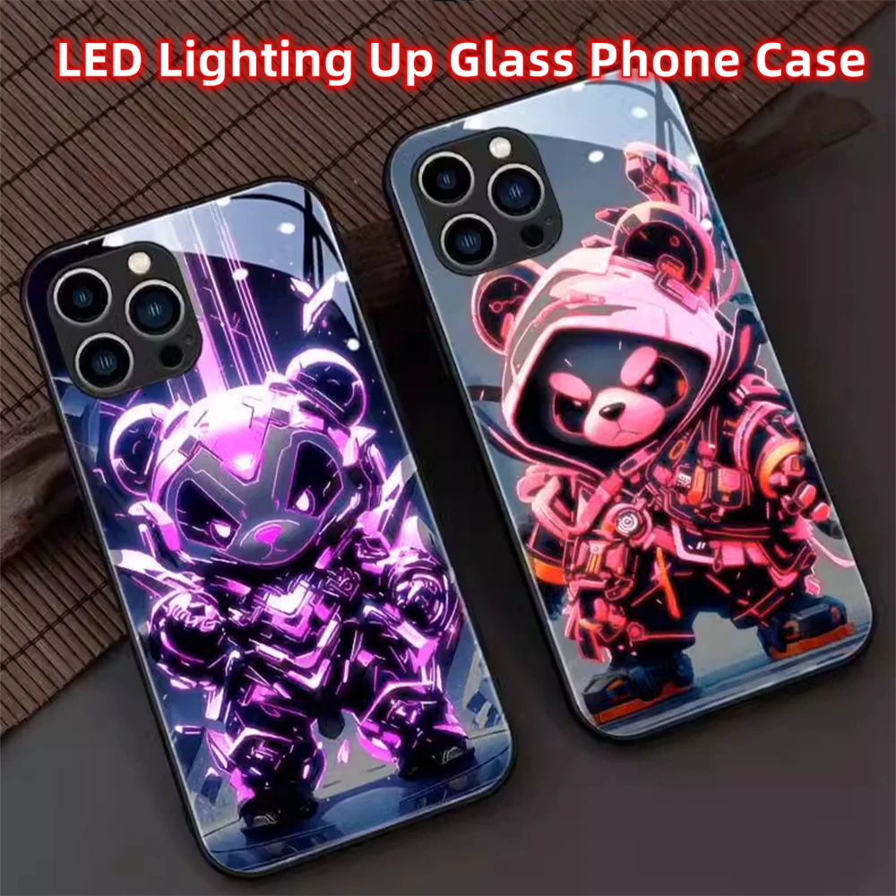 Mech Panda Pattern Voice Sensing LED Light Up Glowing Luminous Phone Case For iPhone 15 14 13 12 11 Pro Max XR XS Plus SE2020