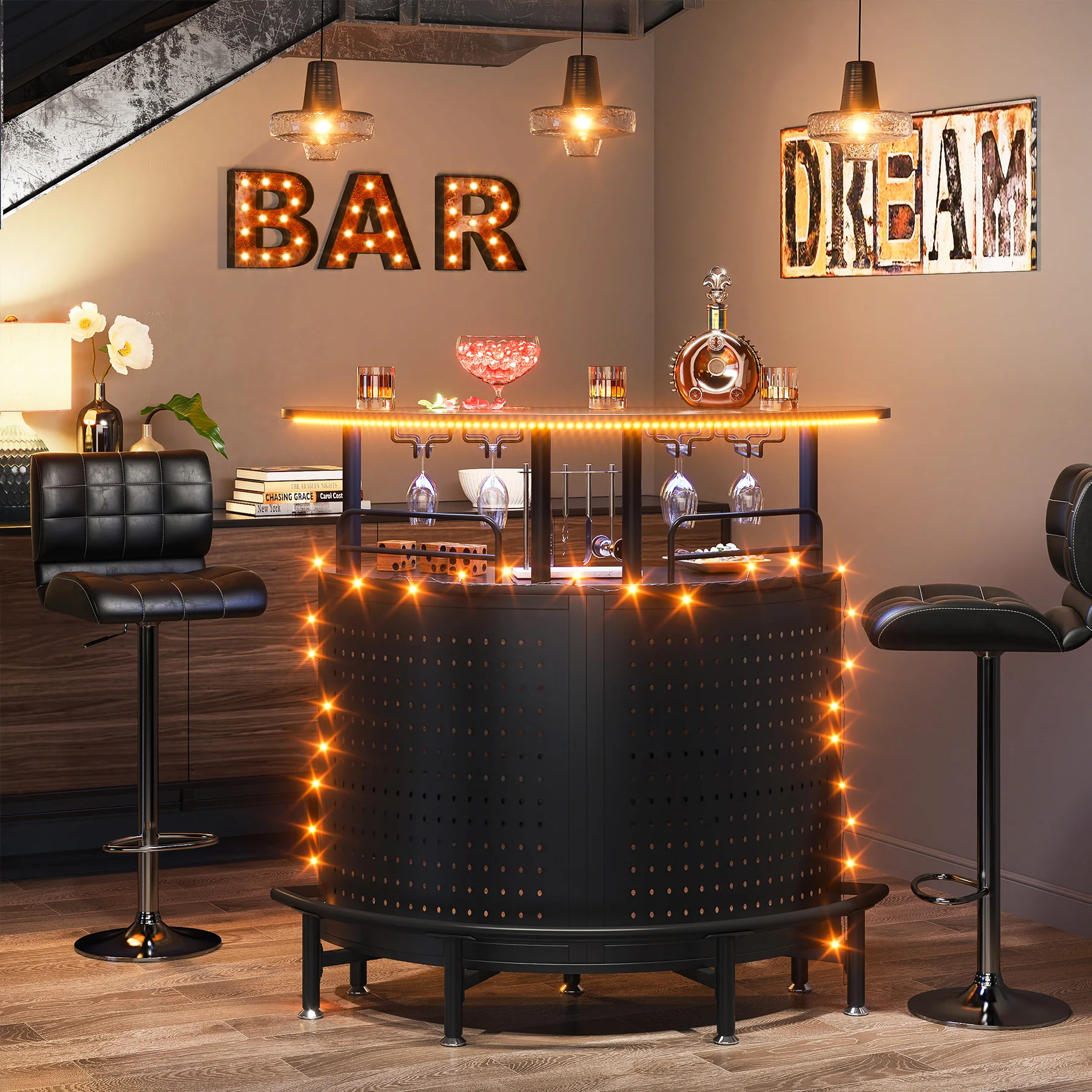Tribesigns Home Bar Unit with LED Lights, 3 Tier Liquor Bar Table with Stemware Racks & Wine Storage Shelves