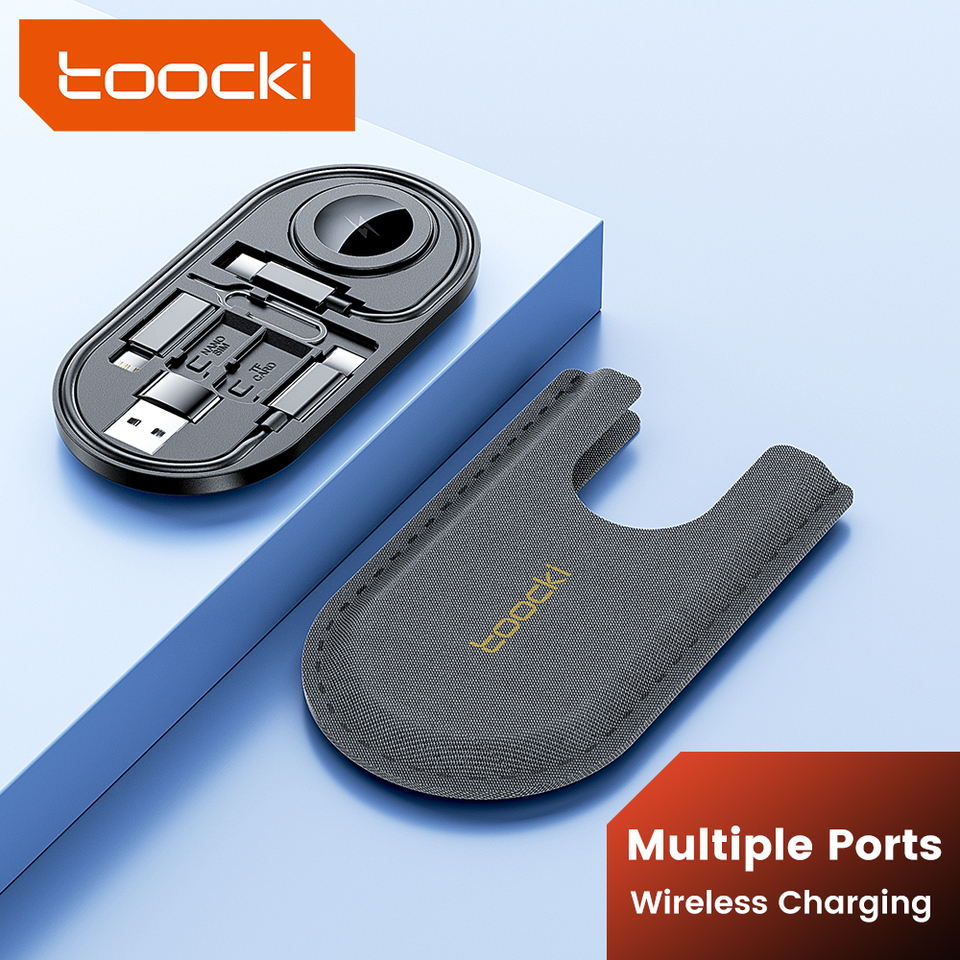 Toocki 3A Type C Cable Fast Charging Pack Multi-Functional Portable Storage Box with Wireless Charger USB/iP Adapter SIM Toolkit