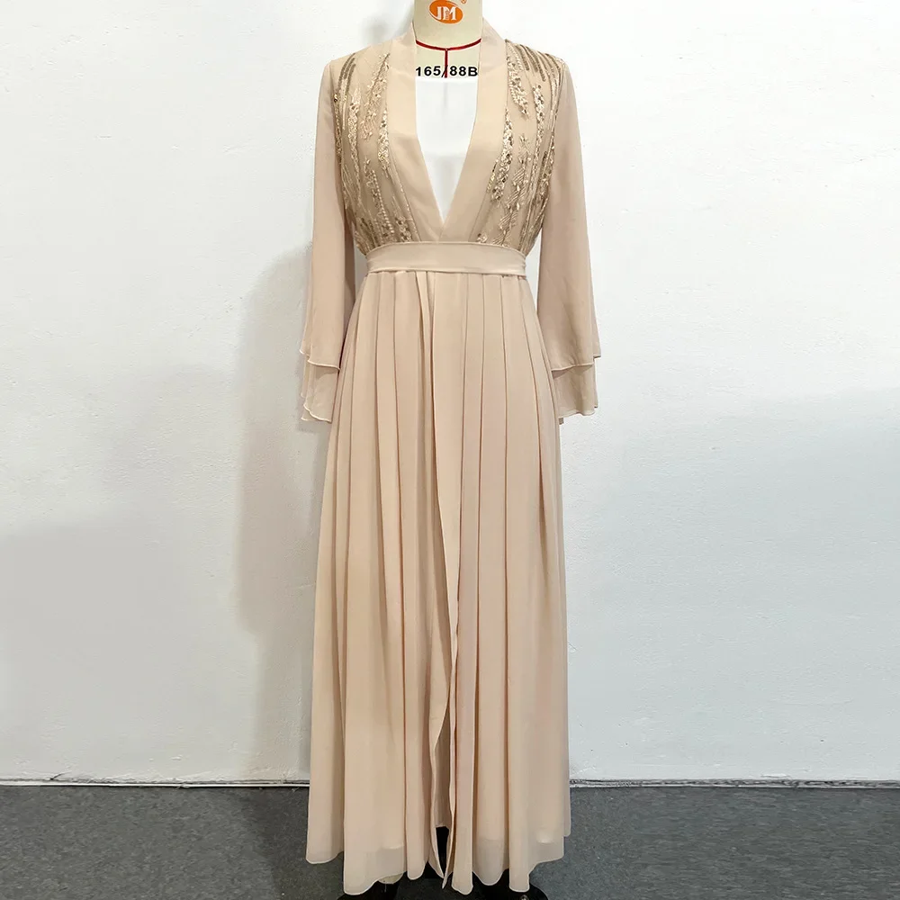 2025 New Chiffon Open Abayas for Women Dubai Turkey Kaftan Diamonds Belted Jalabiya Muslim Dress Islamic Clothing Arabic Robe 1
