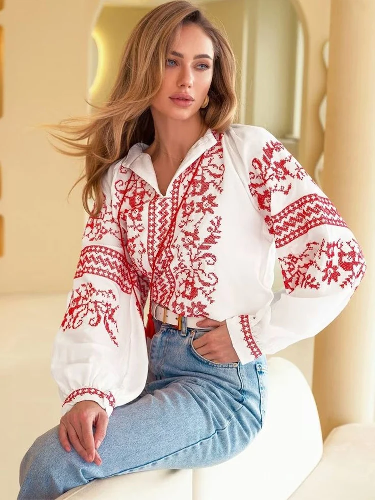 Boho Women's Retro Blouse National Style Print Lace-Up Tassel O-Neck Lantern Sleeve Tops Loose All-Match Female Blusa 2025 1