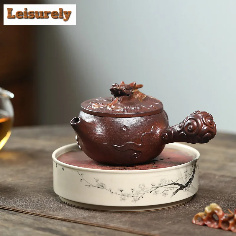 240ml Yixing Purple Clay Teapots Handmade Tang Feather Side Handle Dragon Pot Raw Ore Purple Mud Kettle With Strainer Zisha Tea