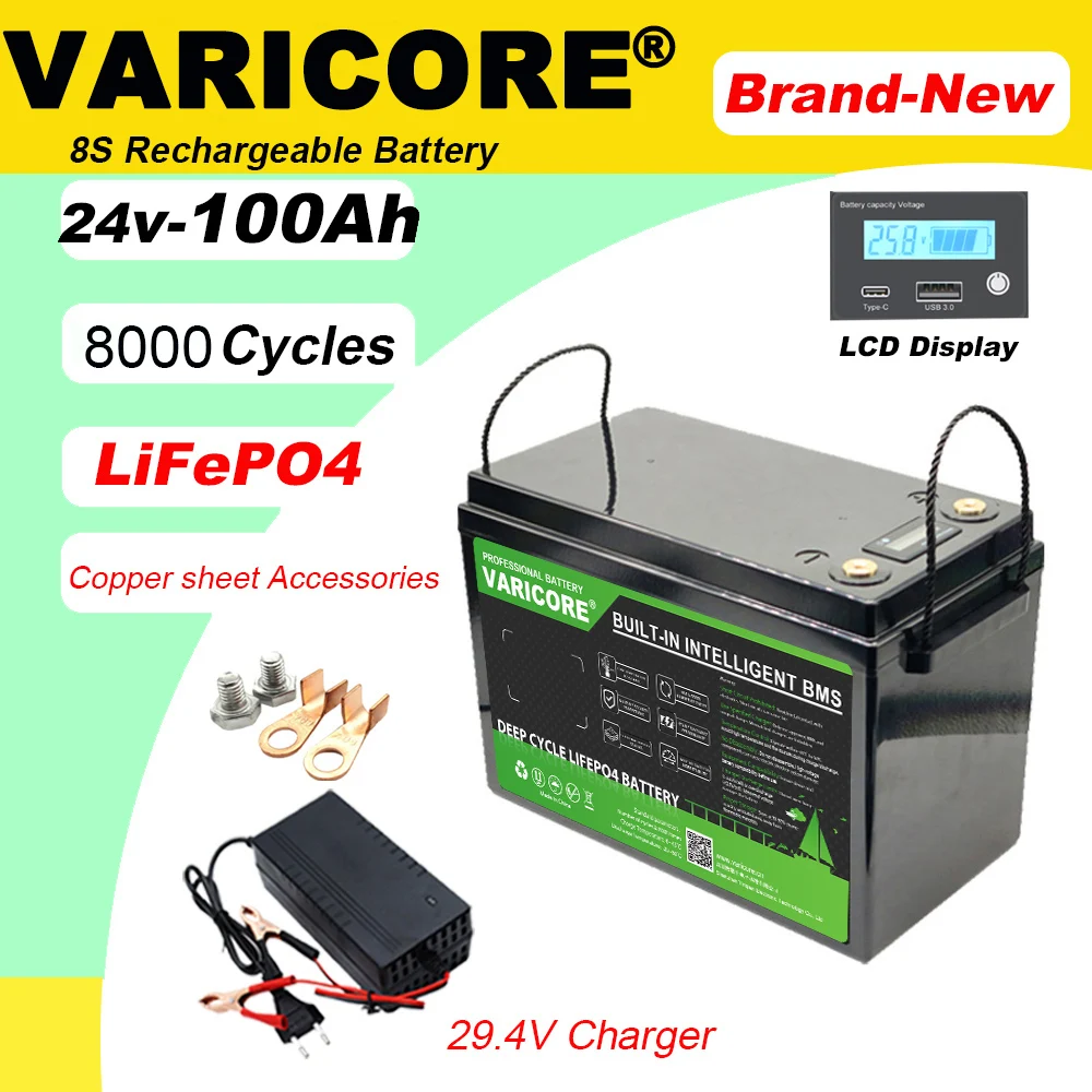 Batteria Ricaricabile al Litio LiFePO4 24V 100Ah 8s per Veicoli Elettrici, Camper, Golf Cart, Auto da Viaggio, Batterie per Accendisigari, Caricabatterie 29.2V
