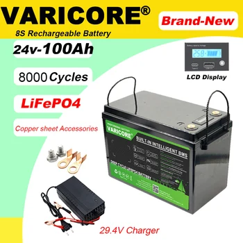 Batteria Ricaricabile al Litio LiFePO4 24V 100Ah 8s per Veicoli Elettrici, Camper, Golf Cart, Auto da Viaggio, Batterie per Accendisigari, Caricabatterie 29.2V