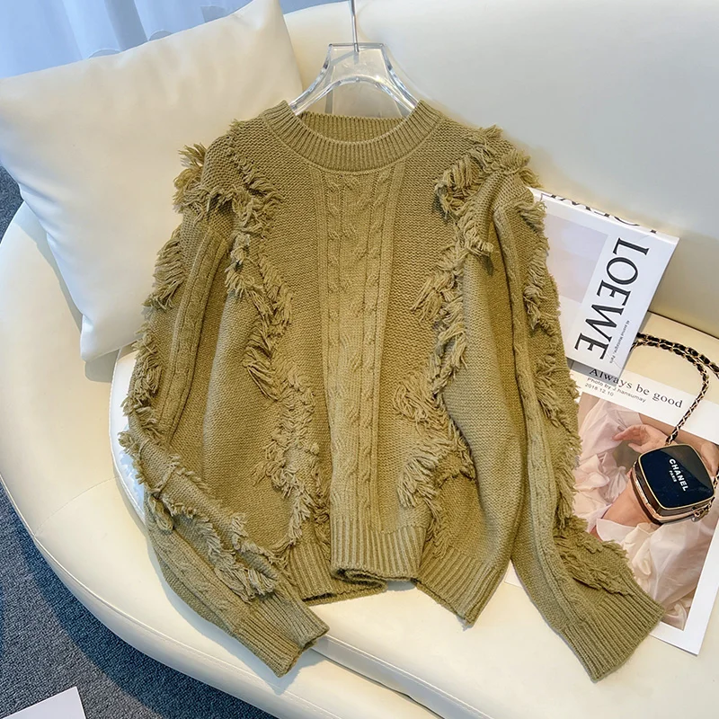 

2022 New Autumn Winter Women Solid Color Slim Pullover Sweater High Quality Fashion Tassel Twisted Knitted Sweater