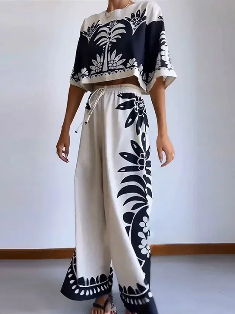 Vintage Printed Woman Tank Top & Trousers Suit O Neck Half Sleeved Loose T-shirt Pants 2pcs Set Elastic Waist Chic Vacation Wear