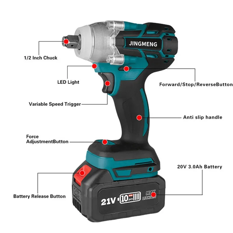Cordless Electric Impact Wrench Power Tool Brushless Electric Wrench Hand Drill Socket 21V Battery