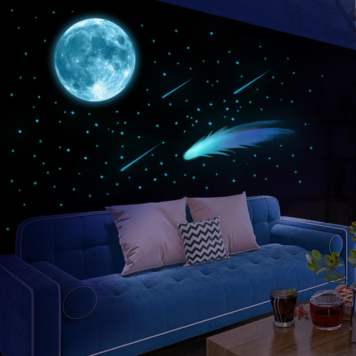3pcs Blue Light Luminous Moon Meteor Creative Cartoon Wall Stickers Living Room Bedroom Simple Study Dining Room Wall Stickers