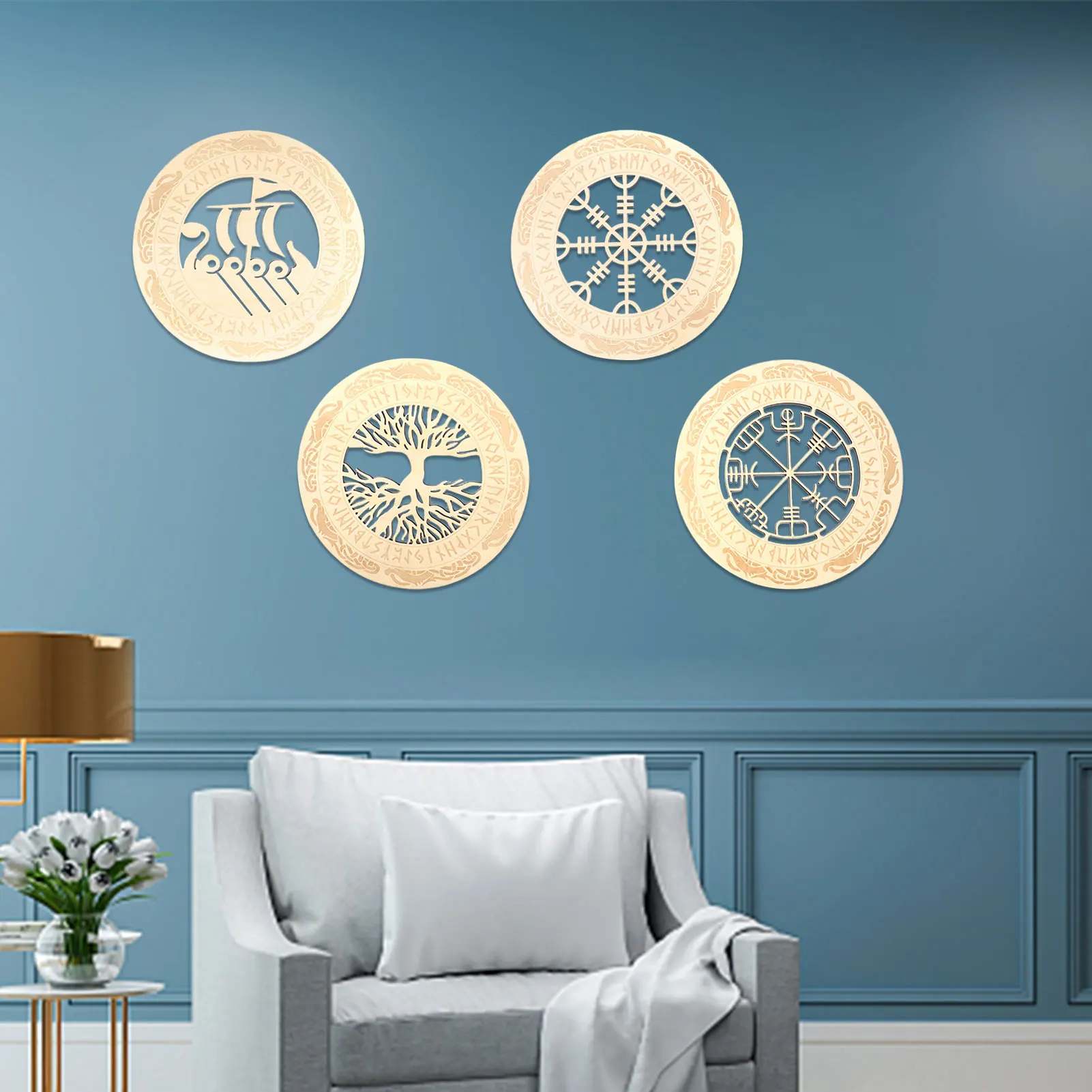 4-Pcs Round Wall Art Nordic Viking Runes Set