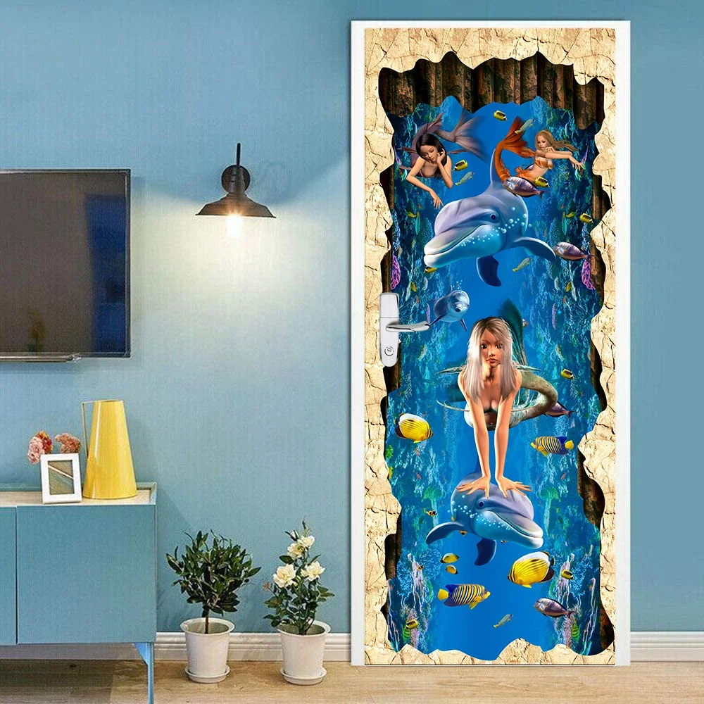 3D Karikatür Kapı Etiket Çocuk Odası Dekor için Deniz Dünyası Duvar Kağıdı Çıkarılabilir Köpekbalığı Posteri Çıkartmaları Penguen Modern Anime Estetik