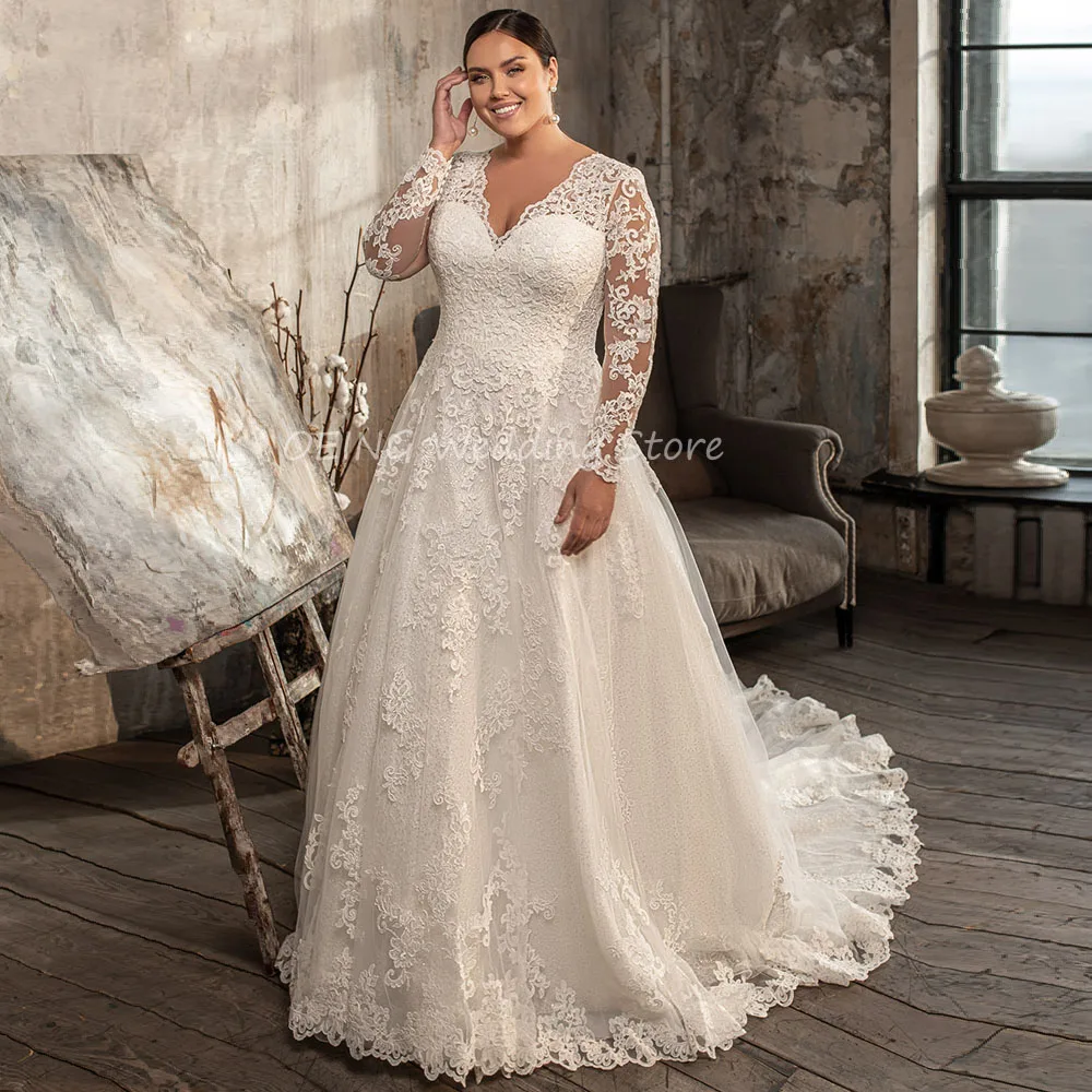 gown for wedding Plus Size Wedding Dress 2022 Illusion Long Sleeves A Line V Neck Lace Wedding Gown Court Train Lace-up Applique Bridal Dresses reception dress for bride Wedding Dresses