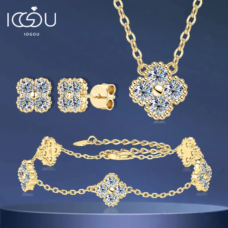 18k Gold Plated 925 Silver 3mm Moissanite Necklace Earrings Bracelet Sets 3 In 1 Clover Flower Charm Jewelry Set for Women Gift 1