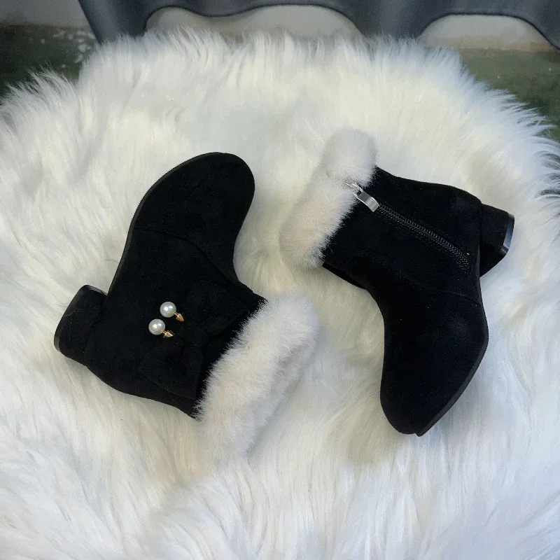Winter Children Furry Warm Boots Princess Black Red Girl High-heels Fashion Boot Hairy Versatile Bowknot Kids Causal Ankle Boots