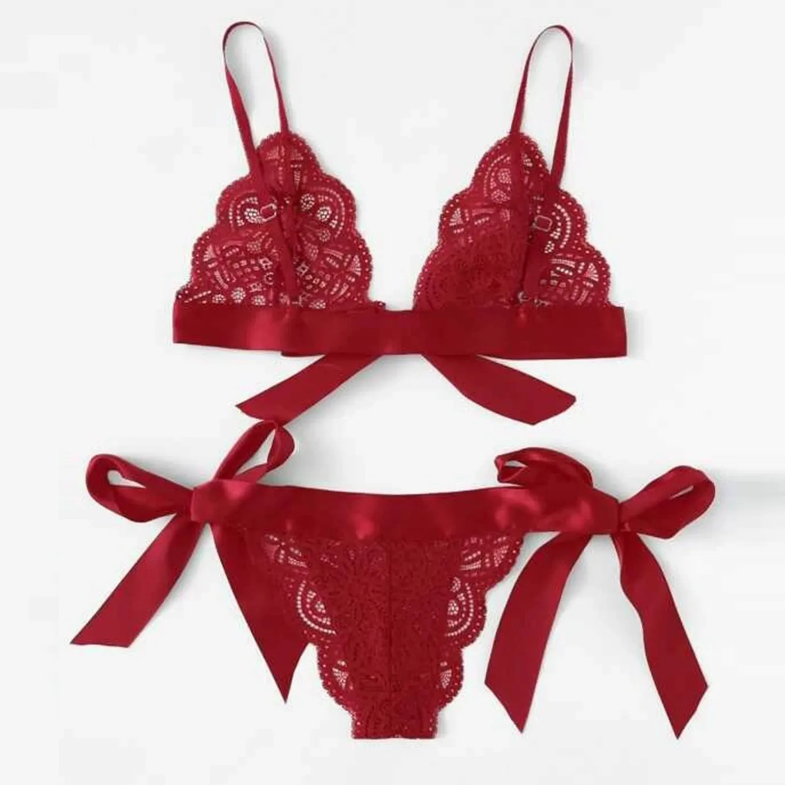 Women Bra Sexy Underwear Underpant Scalloped Trim Tie Side Lace Set Erotic Lingerie Bow Babydoll Bra & Panties Sets_voghion.com