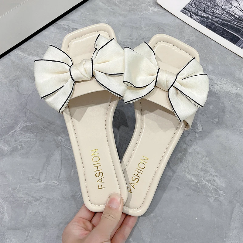 Aphixta Butterfly Knot Summer Beach Shoes Flat With Heel Slippers Women Sweet Bow Mulers Outside Sandals Square Toe Slipper