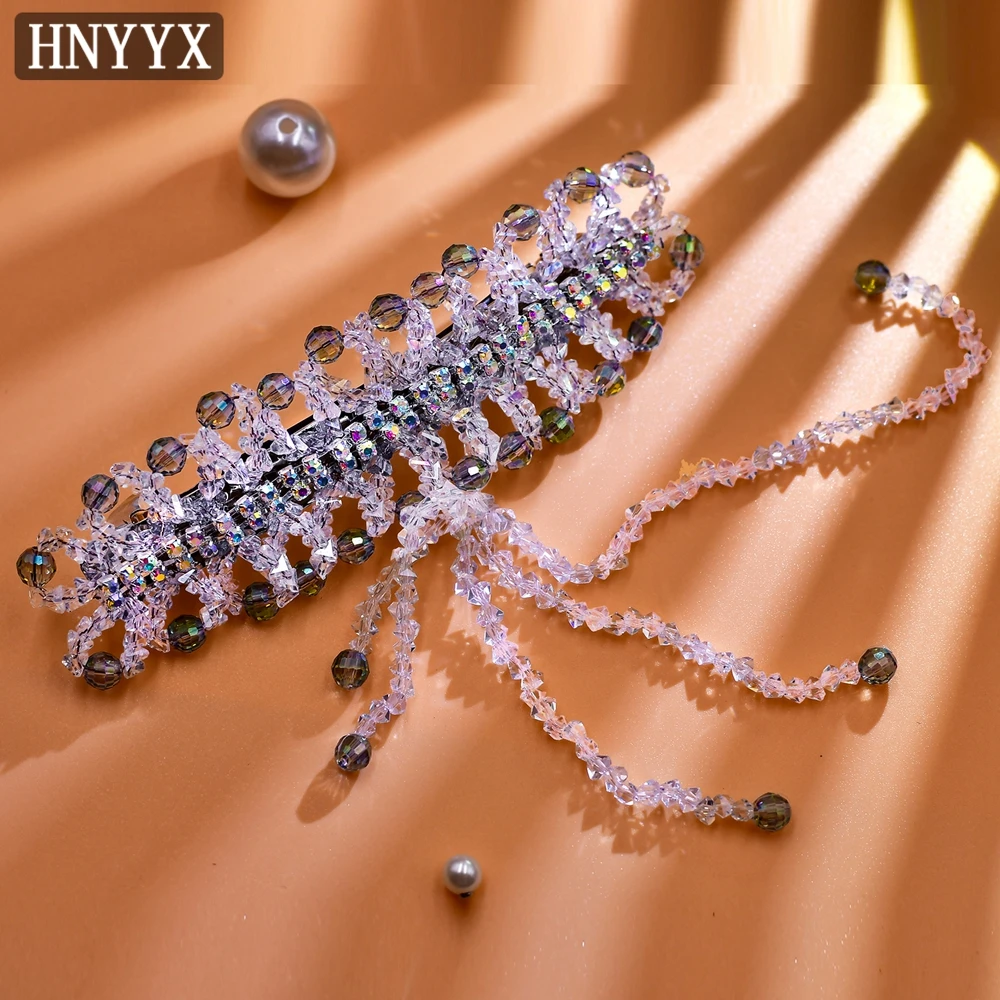 HNYYX Crystal Hair Clips Shiny Tassel  Spring Clips for Women Rhinestone Decor Hair Pins Wedding Party Hair Accessories  A49