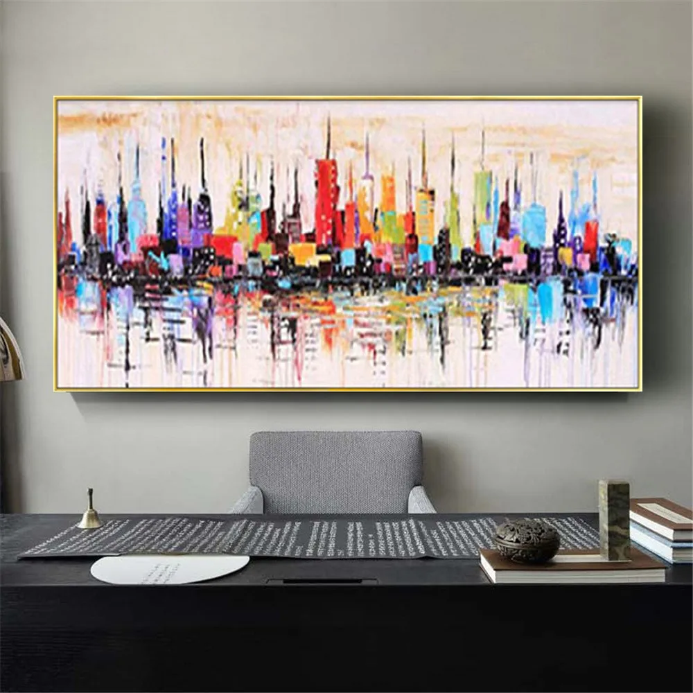 

Large Handmade Bright Oil Painting Abstract Colorful New York City Impression Canvas Paintings Modern Living Room Decor Wall Art