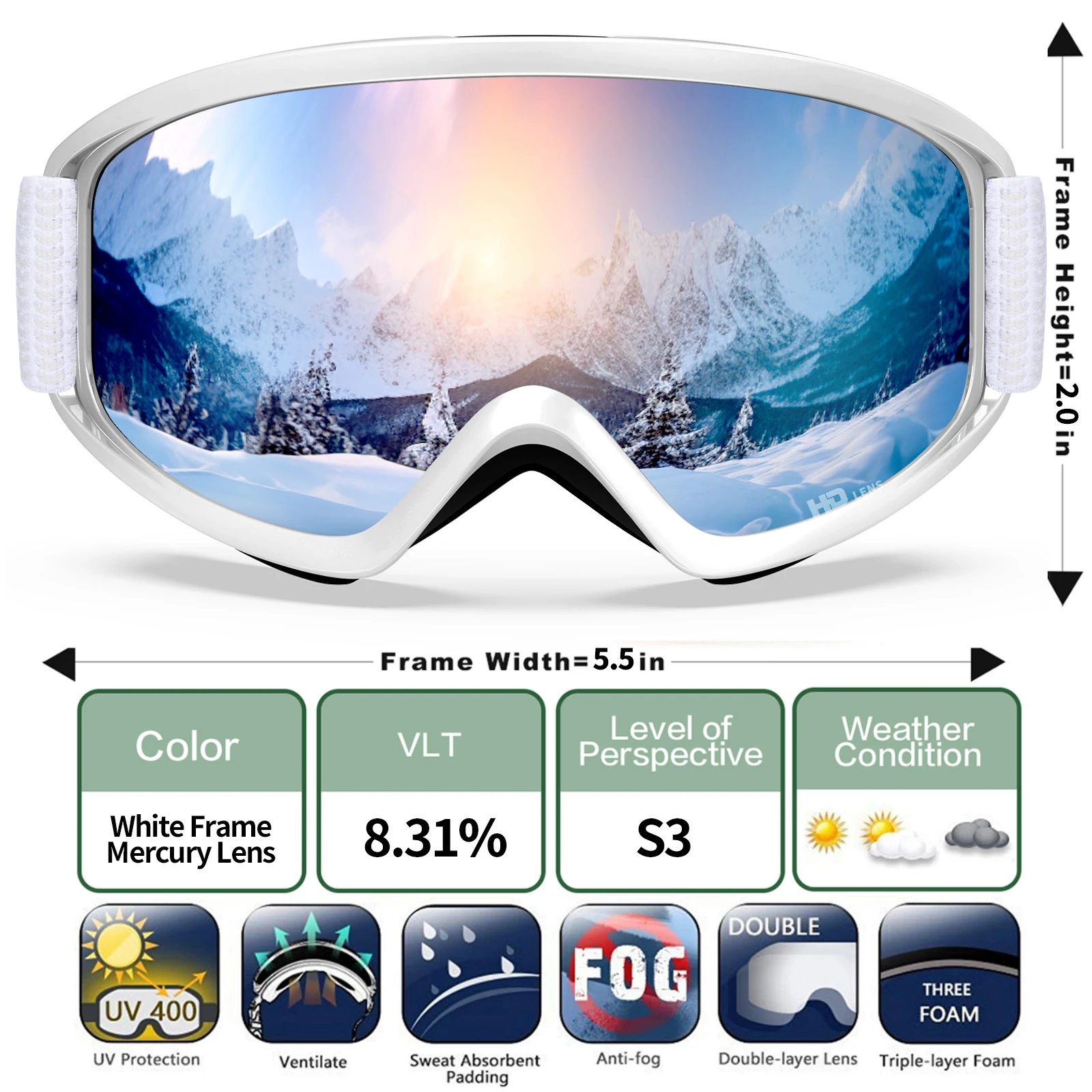 MAXJULI Ski Goggles,Snow Winter Sports OTG Snowboard Goggles for Men Women & Youth 100% Protectin Snowmobile Skiing Skating M7 5