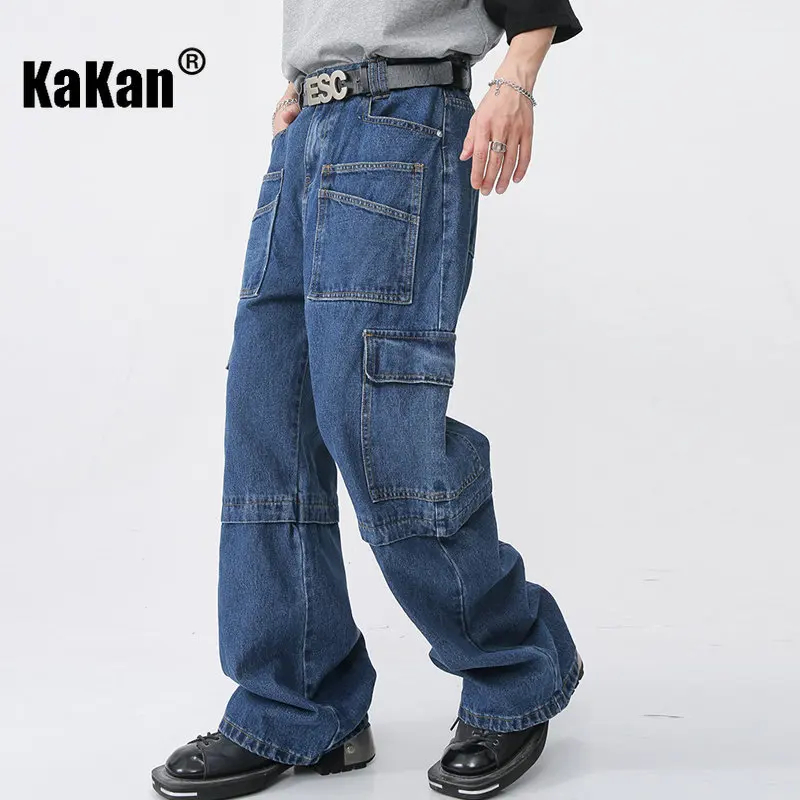 Kakan - New Korean Casual Loose Fitting Large Pocket Jeans for Men, Youth Popular Blue Black Wide Leg Jeans K50-048