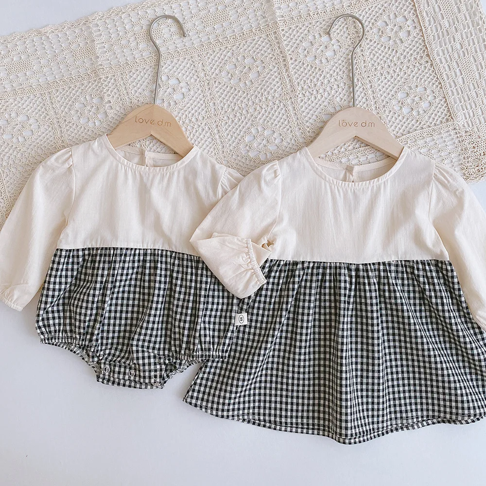 Baby Girls Gingham Romper Dress Set for Siblings