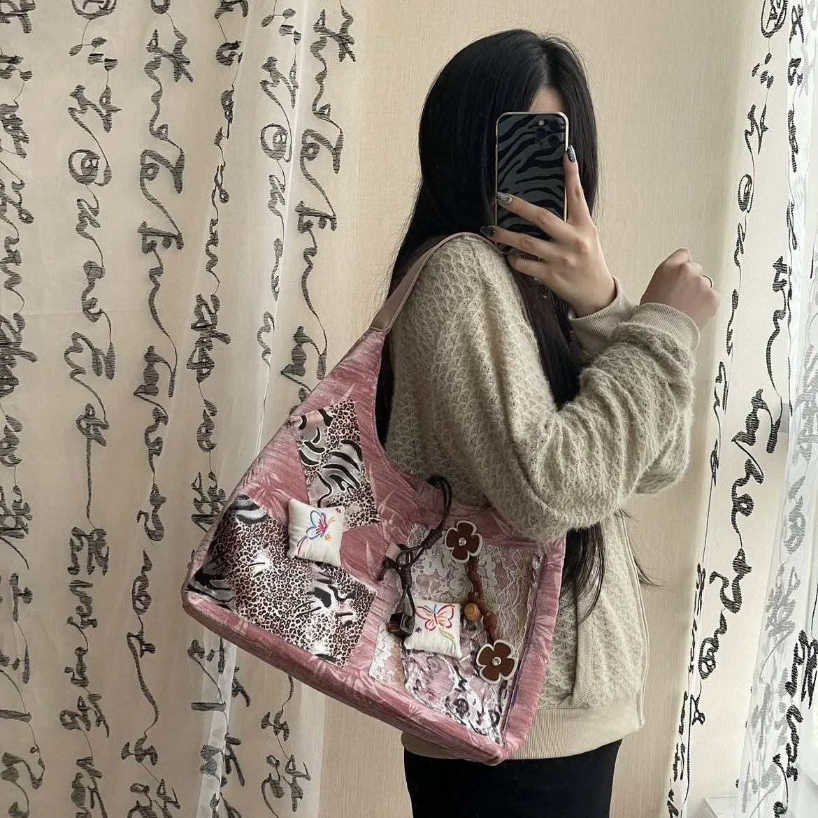 JIAERDI Harajuku Pink Large Capacity Tote Bag Purse Women Retro Chinese Style Lace Shoulder Bags Ladies Vintage Y2k Handbag 2025