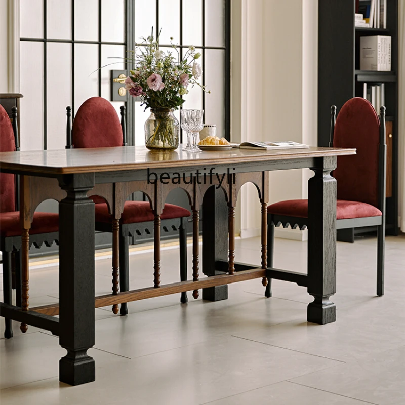 Solid Wood Dining Tables and Chairs Set Red Oak French Retro