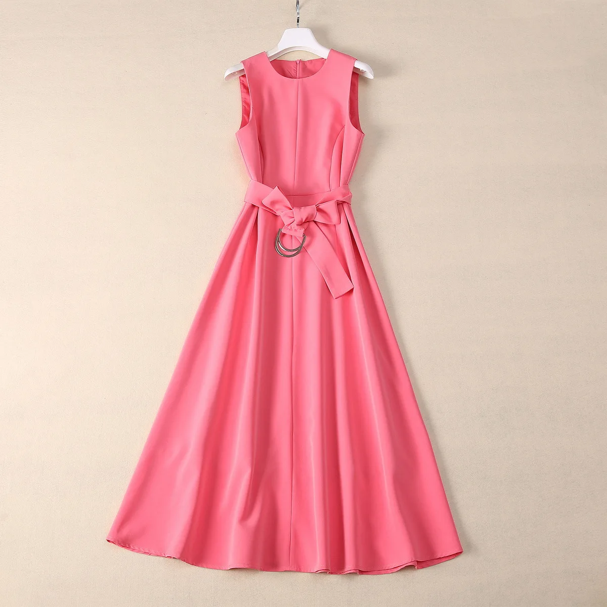 

Europe and the United States women's 2024 summer new Round neck sleeveless pink belt fashion Pleated dress XXL