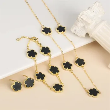 2024 Hot Sale 10 Colors Five-Leaf Flower Set Bracelet Necklace Classic Simple Women Jewelry Set Suitable For Daily Party Wear