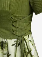 ROSEGAL Plus Size Women Floral Sundress Set Lace Up Ribbed Crop Top And Ruffles Floral Leaf Print Twist Cami Dres New Arrived - Image 4