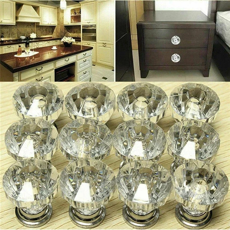 

12Pcs Cabinet Door Crystal Dresser Knobs Glass Drawer Pull Handle Lots