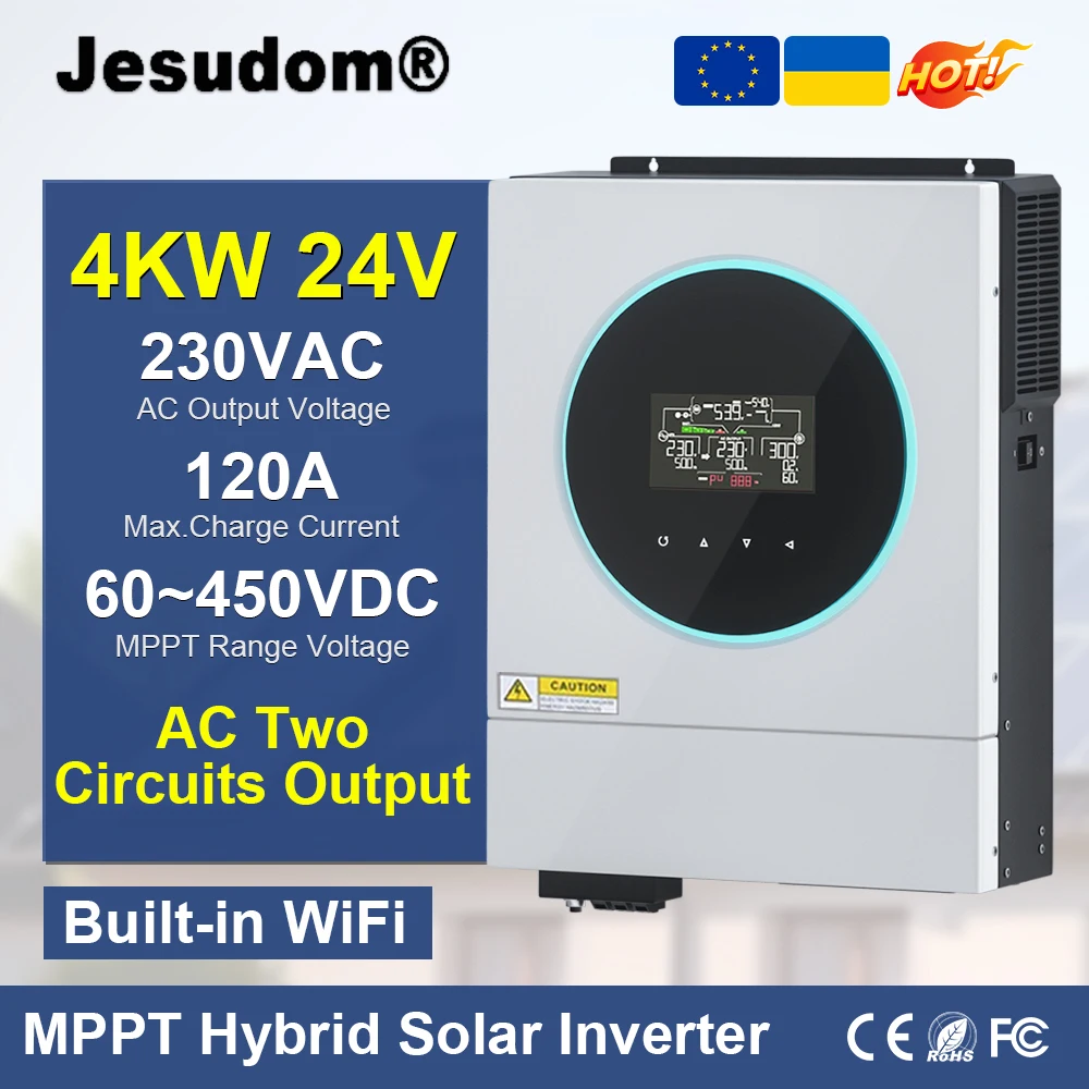 ממיר סולארי Jesudom 4KW 6KW 24V 48V ל-220V פלט סינוס טהור 120A בקר טעינה MPPT מתח פאנל סולארי 60-450VDC
