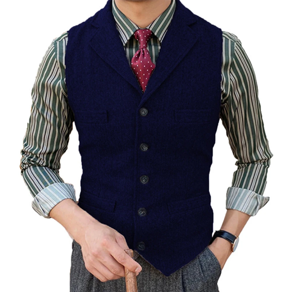 

Men's Slim Fit Vintage Sleeveless Suit Vest Herringbone Notch Lapel Slim Retro Tweed Waistcoat Wedding Business Men Waistcoat