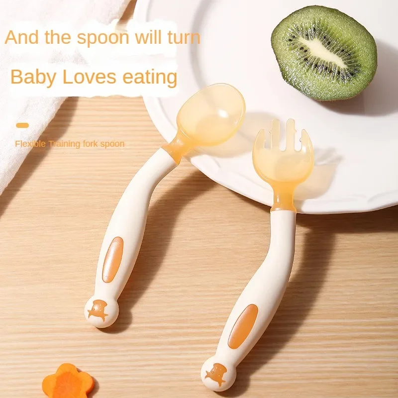 Baby Twisting Spoon Nano-color Bendable Spoon and Fork Baby Fruit Eating Training and Fork Complementary Tableware Set