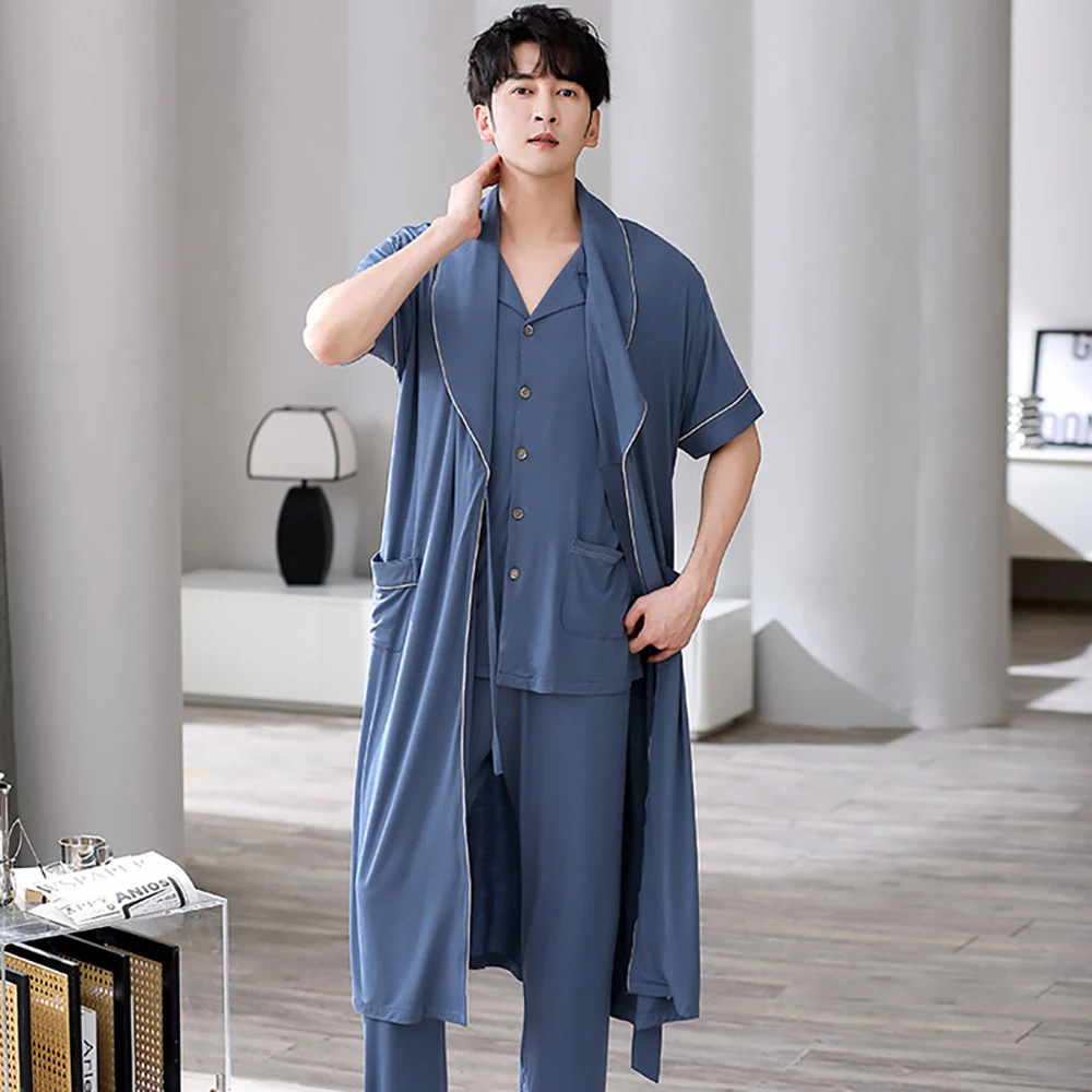 Spring Summer Modal Men 3pcs Solid Pajamas Set Big Size 4XL Man Long Bathrobe Short Sleeve Sleepwear+Elastic Shorts+Pajama Pants
