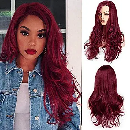 Long Ombre Auburn Dark Roots Wavy Curly Heat Resistant Synthetic Wigs with Bangs Natural High Density Layered Hair for Cosplay P