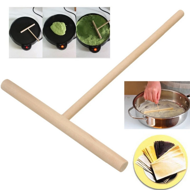 367A 1PC for T Shape Wooden Pancake Batter Spreader Stick Rolling Pin Kitchen Tool