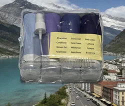 Deluxe Travel Toiletry Kit - Complete with Cleaning Brush, Stylish Travel Sticker, Handy 30ml Spray Bottle, Versatile Toiletry Bag, and Four 90ml Refillable Containers - Ideal for Cruises, Vacations, and Holiday Gifting (Purple)