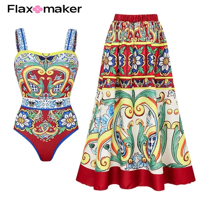 FLAXMAKER Printed One Piece Swimsuit and Skirt Women Swimwear Push Up Bathing Suit Monokini