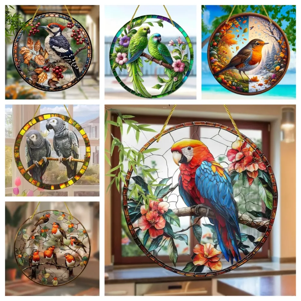 아름다운 앵무새와 앵무새 포수, 2D 원형 아크릴 아트 창 걸기, 집, 사무실, ..