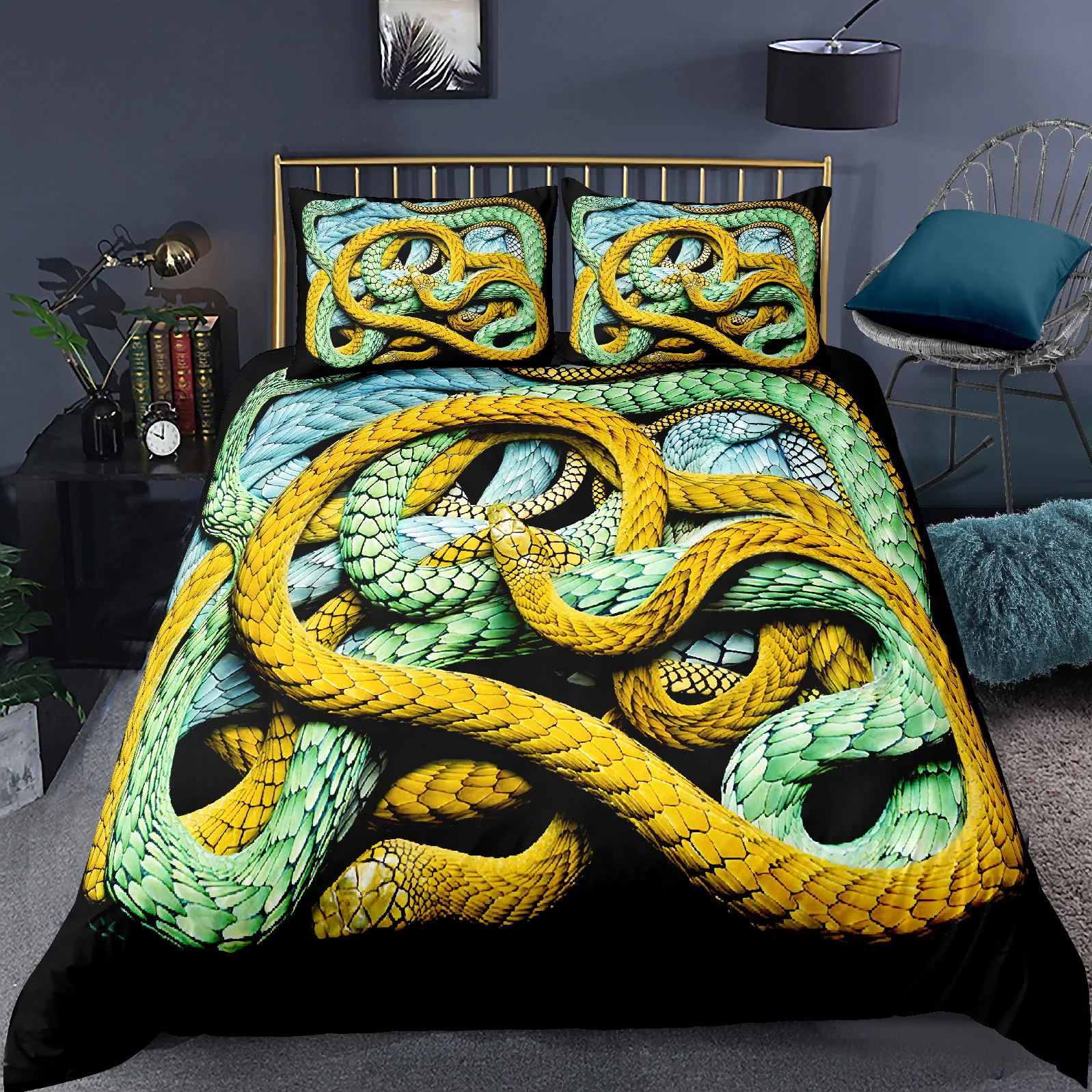 3D Snake Comforter Cover Set for Kids Boys Teens Green Snake Duvet Cover 3D Reptile Print Bedding Set Wild Animal Quilt Cover