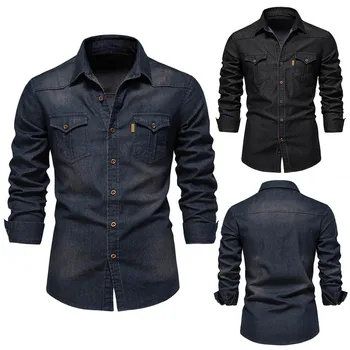 Elastic Cotton Denim Shirt Men High Quality Men Long Sleeve Solid Color Pocket Shirts For Men Casual Slim Fit Men's Clothing 1